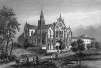 Zoom sur Eglise de Brou et son chemin, vers 1850 - gravure reproduite et restaurée numériquement par © Norbert Pousseur