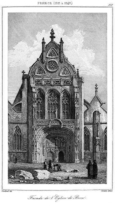 Façade de l'église de Brou près de Bourg, vers 1830 - gravure reproduite et restaurée numériquement par © Norbert Pousseur Façade de l'église de Brou près de Bourg, vers 1830 - gravure reproduite et restaurée numériquement par © Norbert Pousseur