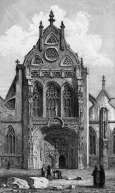 Zoom sur BFaçade de l'église de Brou près de Bourg, vers 1830 - gravure reproduite et restaurée numériquement par © Norbert Pousseur