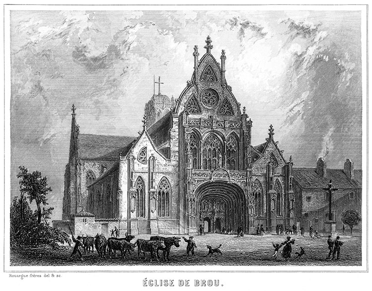 Eglise de Brou  et un troupeau de vaches vers 1830 - gravure reproduite et restaurée numériquement par © Norbert Pousseur
