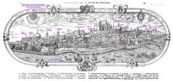 Zoom sur Bourges en 1566, avec légendes © Gallica / BNF  - gravure restaurée numériquement par © Norbert Pousseur