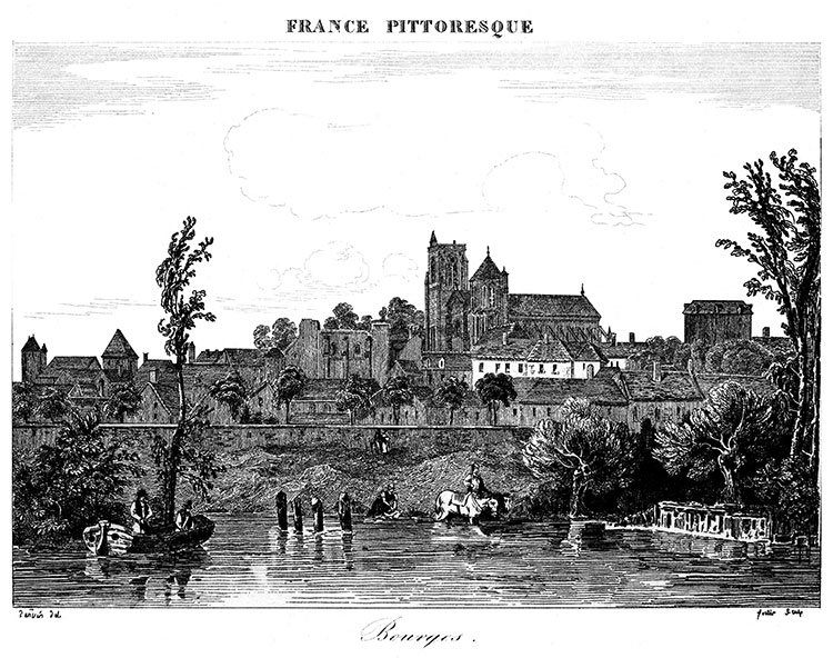 Bourges au fil de l'eau, vers 1830,  - gravure reproduite et restaurée numériquement par © Norbert Pousseur