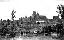 Zoom sur Bourges au fil de l'eau, vers 1830,  - gravure reproduite et restaurée numériquement par © Norbert Pousseur