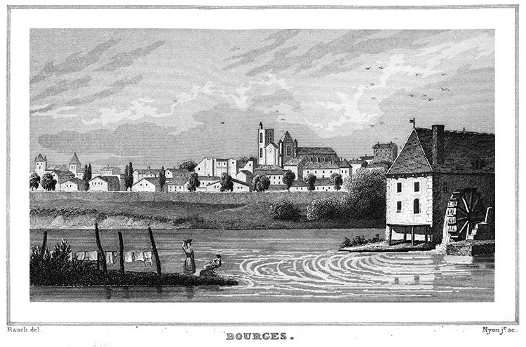 Bourges et un moulin au bord de l'eau, vers 1830  - gravure reproduite et restaurée numériquement par © Norbert Pousseur