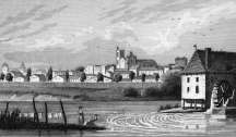 Zoom sur Bourges et un moulin au bord de l'eau, vers 1830  - gravure reproduite et restaurée numériquement par © Norbert Pousseur