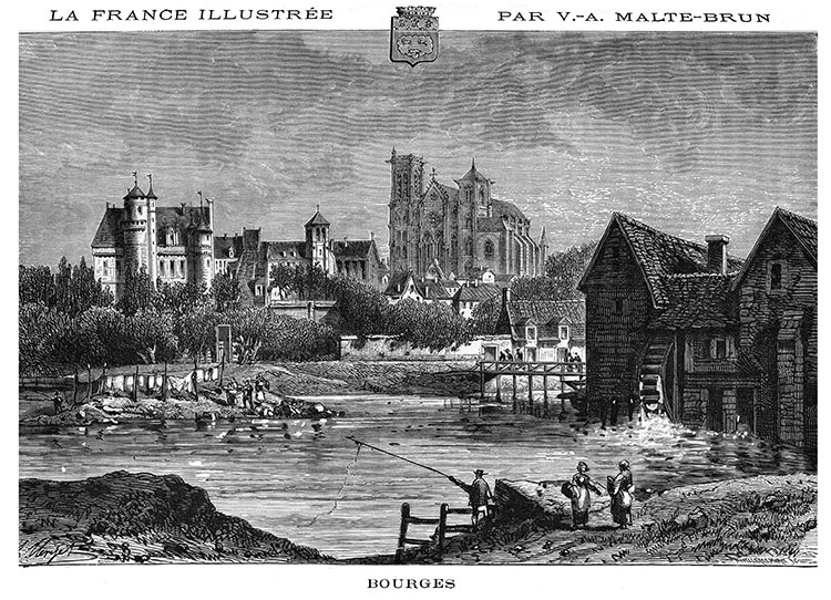 Bourges devant l'Auron vers 1880,  - gravure reproduite et restaurée numériquement par © Norbert Pousseur