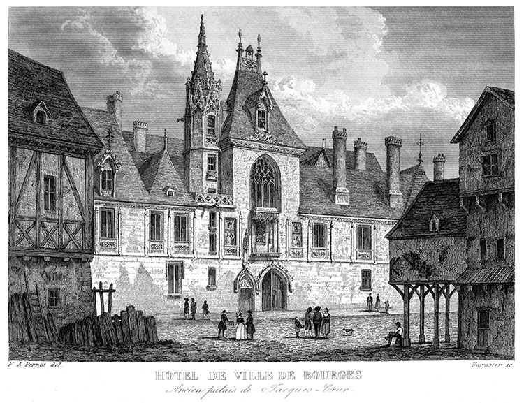 Hôtel de Ville de Bourges, acien palais de Jacques Coeur, vers 1850 - gravure reproduite et restaurée numériquement par © Norbert Pousseur