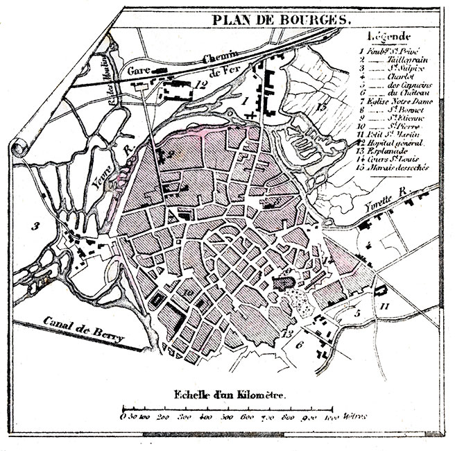 Plan de Bourges vers 1880 - gravure reproduite et restaurée numériquement par © Norbert Pousseur