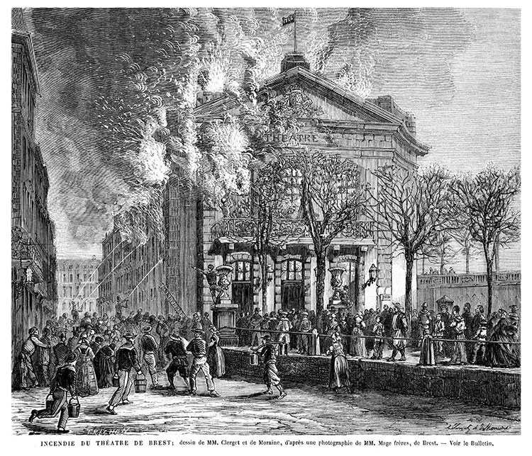 Incendie du théâtre de Brest en mars 1866 - gravure reproduite et restaurée numériquement par © Norbert Pousseur