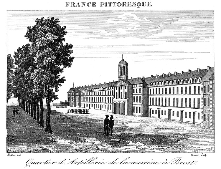 Quartier de l'Artillerie de la Marine à Brest vers 1830 - gravure reproduite et retouchée numériquement par © Norbert Pousseur