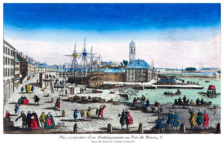 Vue perspective d'un embarquement au Port de Brest  vers 1870- gravure retravaillée numériquement par © Norbert Pousseur
