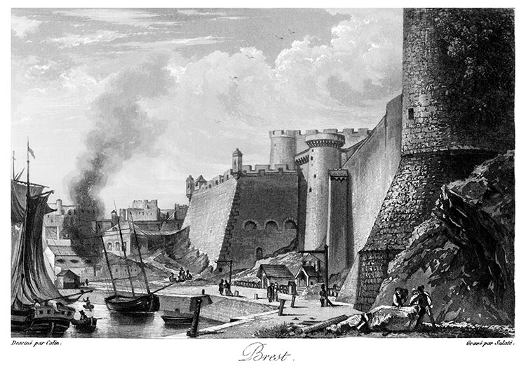 Remparts du château de Brest vers 1830 - gravure reproduite et restaurée numériquement par © Norbert Pousseur