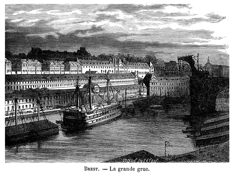 Grande grue du port de Brest vers 1900 - gravure reproduite et restaurée numériquement par © Norbert Pousseur