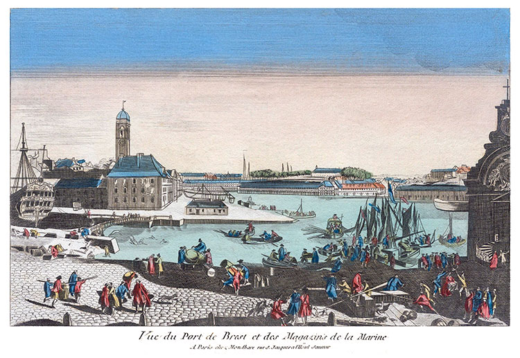 Vue du port de Brest et des magasins de la Marine vers 1770 - gravure retravaillée numériquement par © Norbert Pousseur
