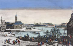 Pour zoom, Vue du port de Brest et des magasins de la Marine vers 1770 - gravure retravaillée numériquement par © Norbert Pousseur