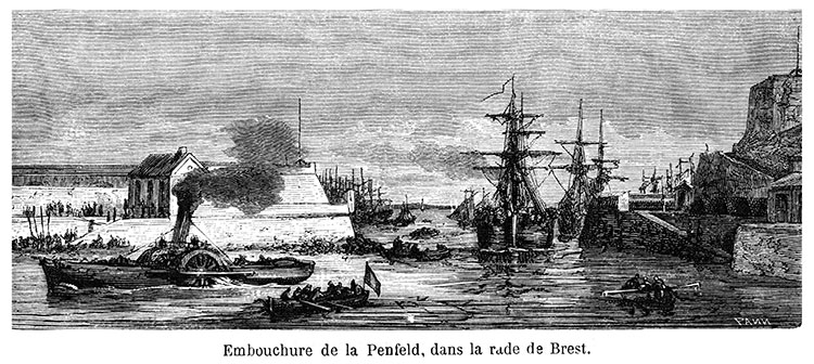 Embouchure de la Penfeld à Brest, vers 1870 - gravure reproduite et restaurée numériquement par © Norbert Pousseur