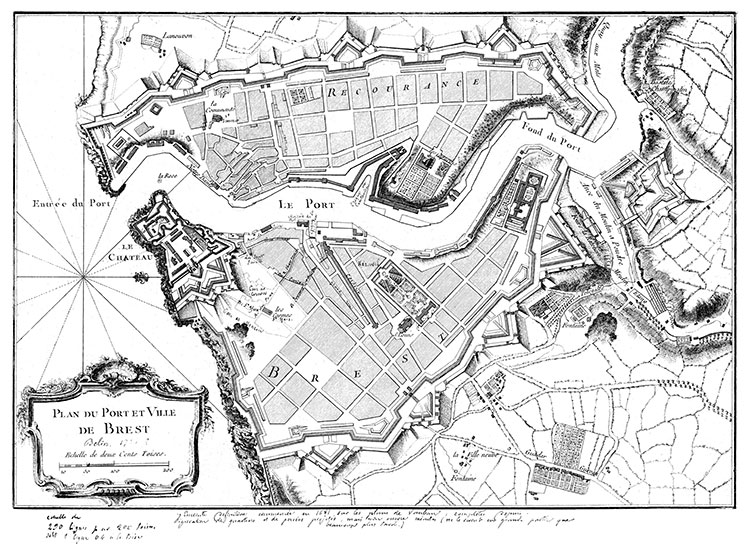 Plan de Brest en 1764 - gravure reproduite par la © BNF et retouchée numériquement par © Norbert Pousseur