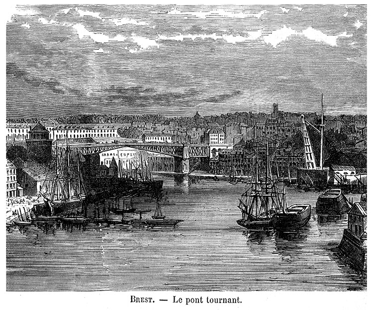 Pont tournant de Brest vers 1900 - gravure reproduite et restaurée numériquement par © Norbert Pousseur