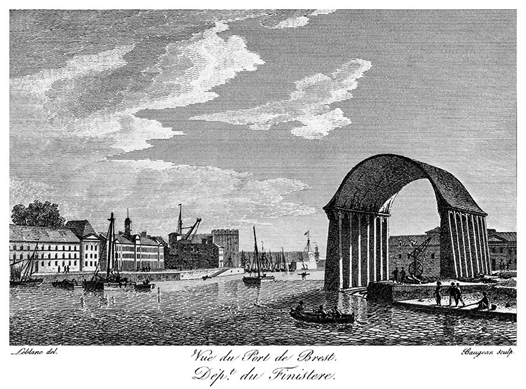 Cale de construction de navires du port de Brest,  vers 1825 - gravure reproduite et retouchée numériquement par © Norbert Pousseur