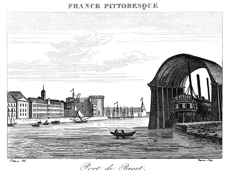 Navire en cale de construction du port de Brest vers 1825 - gravure reproduite et retouchée numériquement par © Norbert Pousseur