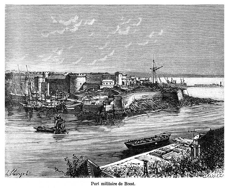 Vue sur le port militaire de Brest, vers 1830 - gravure reproduite et retouchée numériquement par © Norbert Pousseur