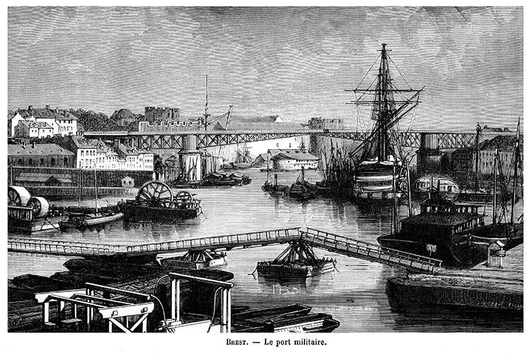 Port militaire de Brest vers 1900 - gravure reproduite et restaurée numériquement par © Norbert Pousseur