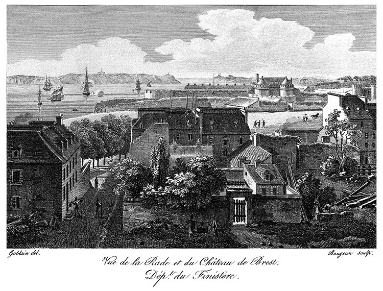 Rues de Brest, son château et sa rade vers 1825 - gravure reproduite et retouchée numériquement par © Norbert Pousseur