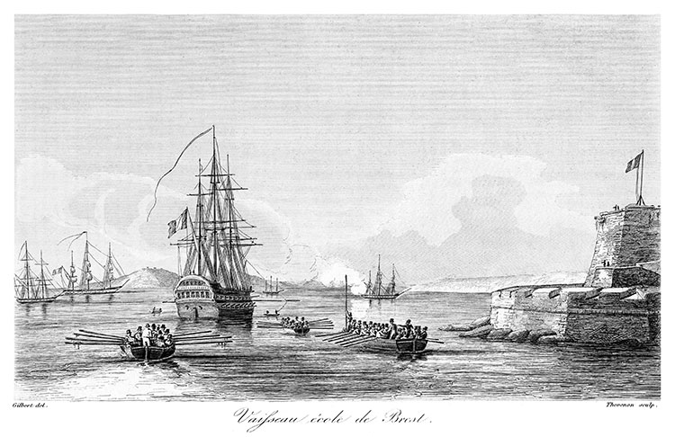 Bateau école devant le fort de Brest, vers 1835 - gravure reproduite et restaurée numériquement par © Norbert Pousseur