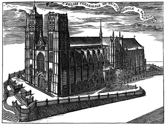 église de Sainte-Gudule de Bruxelles vers 1740 - gravure reproduite et restaurée numériquement par © Norbert Pousseur