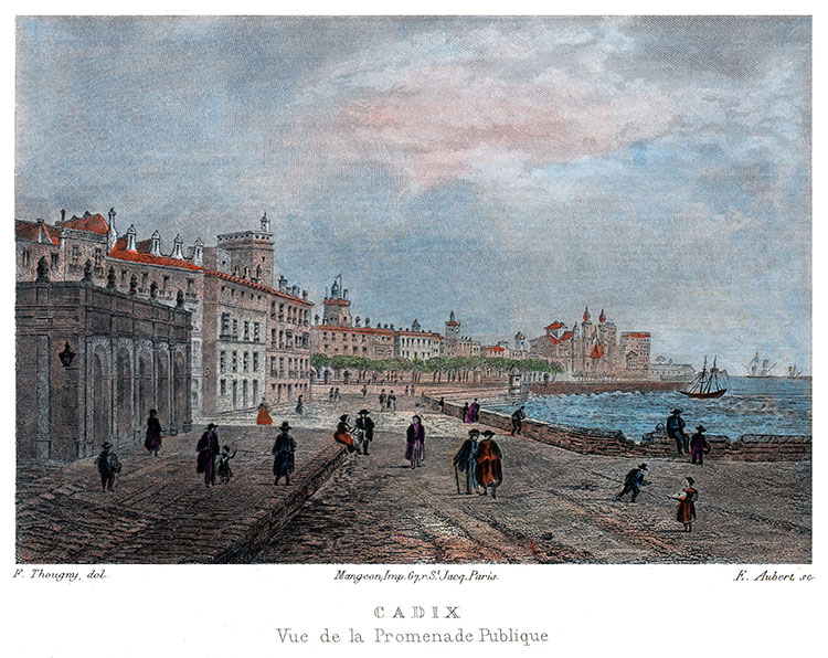 Cádiz y su paseo marítimo, hacia 1850 - grabado reproducido y restaurado digitalmente por © Norbert Pousseur
