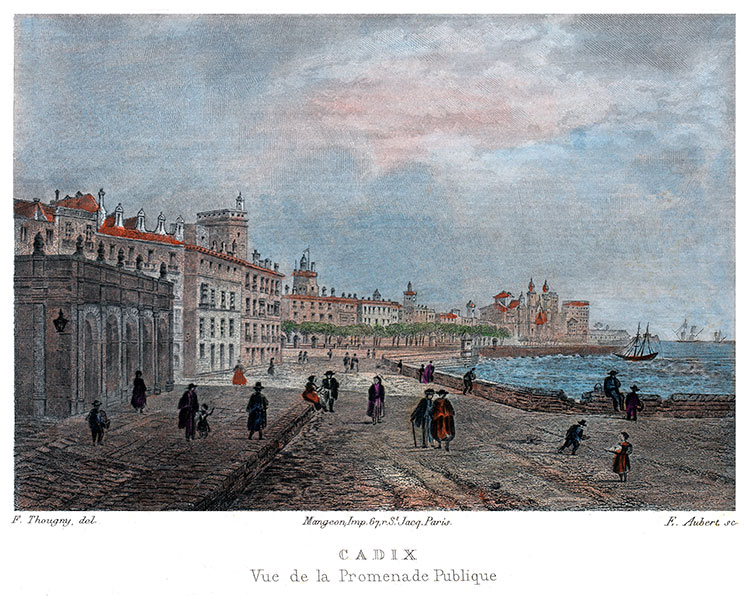 Cadix et sa promenade au bord de mer vers 1850 - gravure reproduite et restaurée numériqueemnt par © Norbert Pousseur