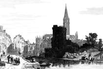 Pour zoom, Caen vue de la rue des Quais - gravure d'un dessin de 1835 de Darvin, reproduite puis restaurée par © Norbert Pousseur