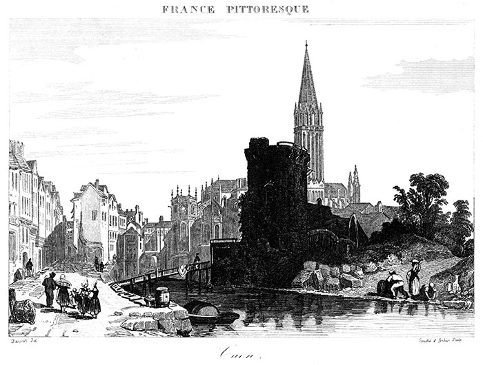 Caen vue de la rue des Quais - gravure d'un dessin de 1835 de Darvin, reproduite puis restaurée par © Norbert Pousseur