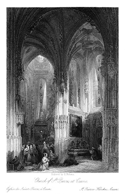 Intérieur de l'église de St Pierre à Caen - gravure de 1841 d'un dessin de Thomas Allom, reproduite puis restaurée par © Norbert Pousseur
