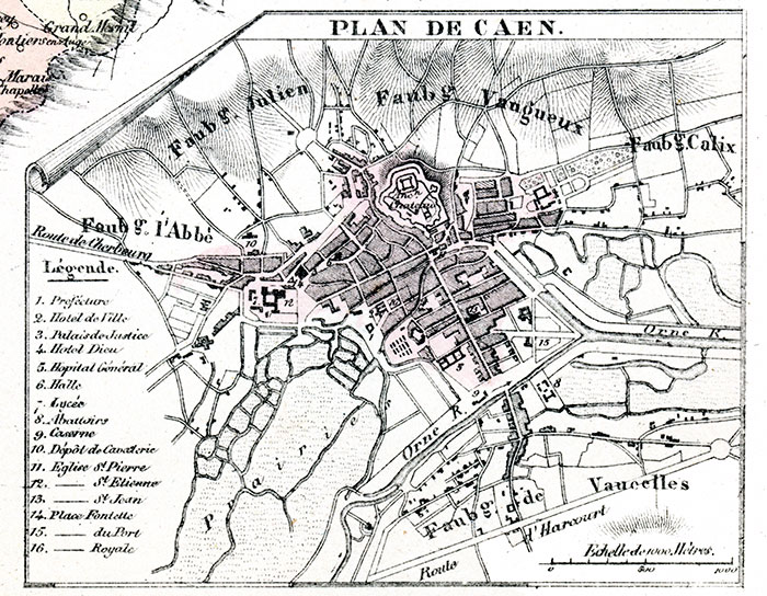 Plan de Caen en 1855, gravure reproduite puis restaurée par © Norbert Pousseur