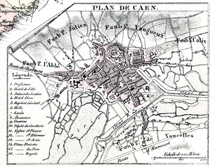 Plan de Caen en 1855, gravure reproduite puis restaurée par © Norbert Pousseur Plan de Caen en 1855, gravure reproduite puis restaurée par © Norbert Pousseur