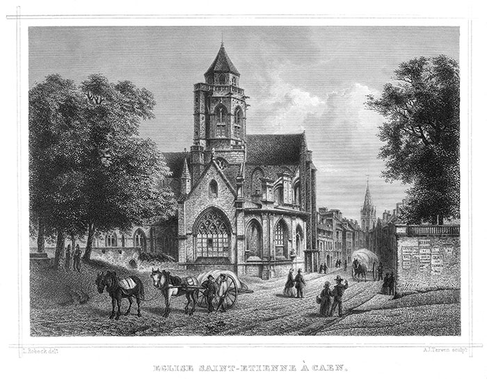 Église St Étienne à Caen - gravure de 1866 d'un dessin de Ludwig Robock, reproduite puis restaurée par © Norbert Pousseur