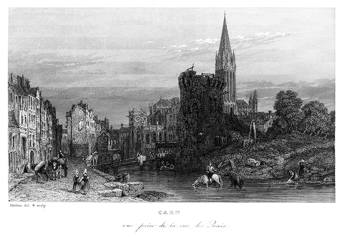 Caen vue de la rue des Quais  - gravure et dessin de 1862 de Skelton, reproduite puis restaurée par © Norbert Pousseur