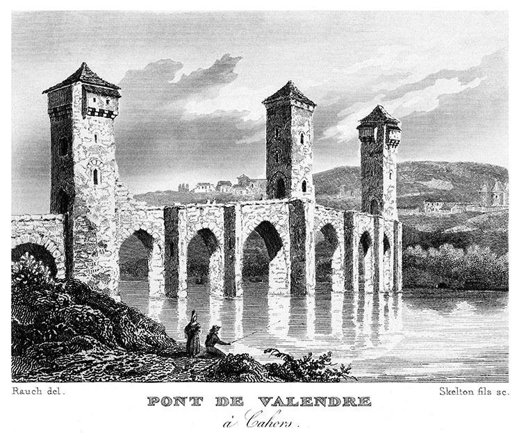 Pont fortifié de Valendre à Cahors vers 1835 - gravure reproduite et restaurée numériquement par © Norbert Pousseur