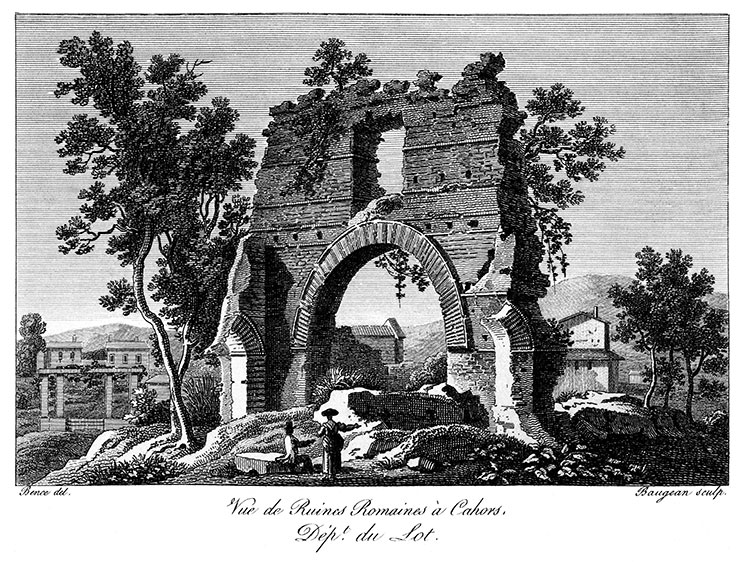 Ruines romazine de Cahors vers 1825 - gravure reproduite et restaurée numériquement par © Norbert Pousseur