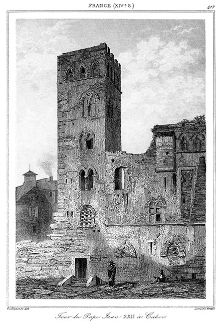 La Tour du Pape Jean XXII à Cahors vers 1840 - gravure reproduite et restaurée numériquement par © Norbert Pousseur