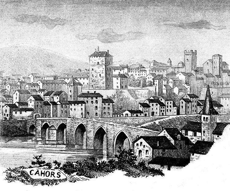 Pont Louis Philippe (?) à Cahors vers 1880 - gravure reproduite et restaurée numériquement par © Norbert Pousseur