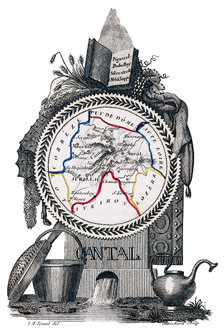 Carte succinte du Cantal  vers 1830 - gravure reproduite et restaurée numériquement par © Norbert Pousseur