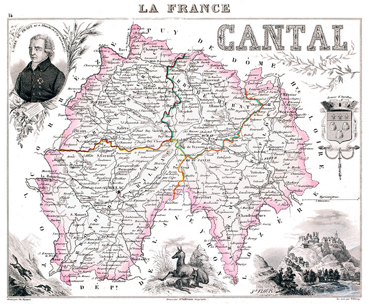 Carte du Cantal  par Vuillemin, 1851 - gravure reproduite et restaurée numériquement par © Norbert Pousseur