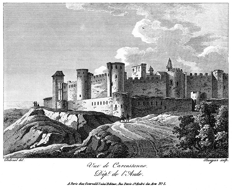 Carcassonne dans ses remparts vers 1825 - gravure reproduite et restaurée numériquement par © Norbert Pousseur