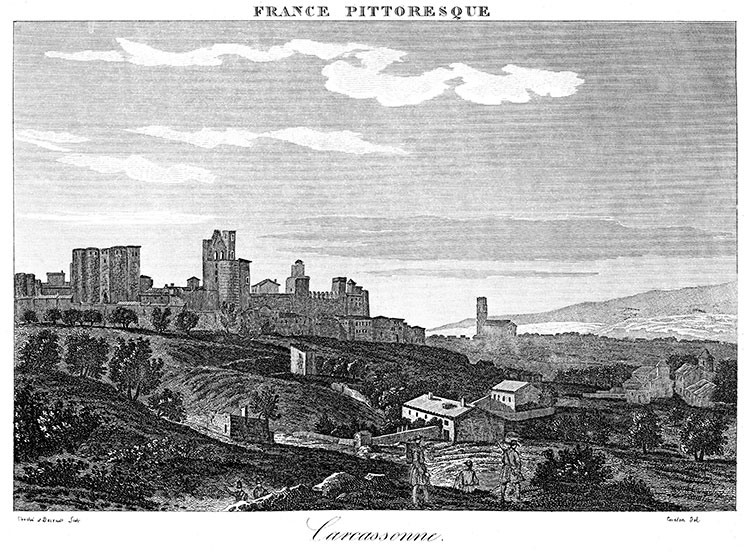Carcassonne vers 1830 - gravure reproduite et restaurée numériquement par © Norbert Pousseur