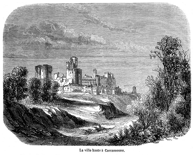 La ville haute de Carcassonne vers 1855 - gravure reproduite et restaurée numériquement par © Norbert Pousseur La ville haute de Carcassonne vers 1855 - gravure reproduite et restaurée numériquement par © Norbert Pousseur