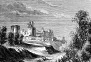 Zoom sur La ville haute de Carcassonne vers 1855 - gravure reproduite et restaurée numériquement par © Norbert Pousseur