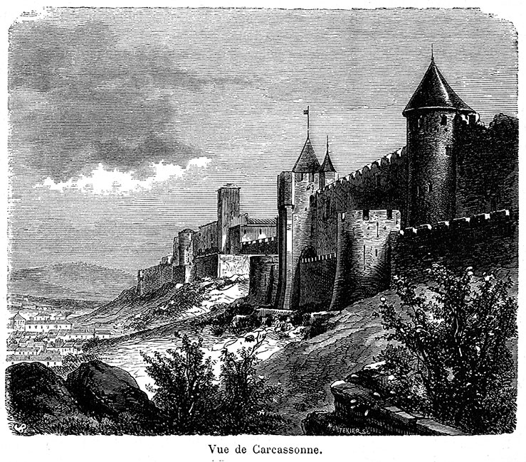 Les remparts de Carcassonne vers 1875 - gravure reproduite et restaurée numériquement par © Norbert Pousseur