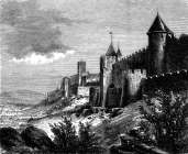 Zoom sur Les remparts de Carcassonne vers 1875 - gravure reproduite et restaurée numériquement par © Norbert Pousseur